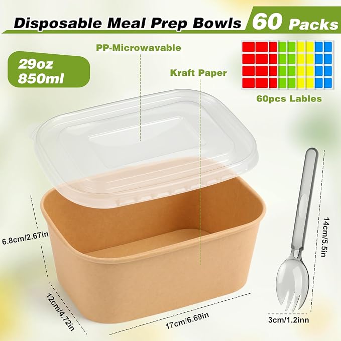 60 Packs 29oz Disposable Meal Prep Containers with Lids, Leak-Proof Microwave/Freezer Safe Food Prep Containers with Utensils & Labels, Sturdy Kraft Paper Bowls for Weekly Meal Prep, Lunch & Leftovers