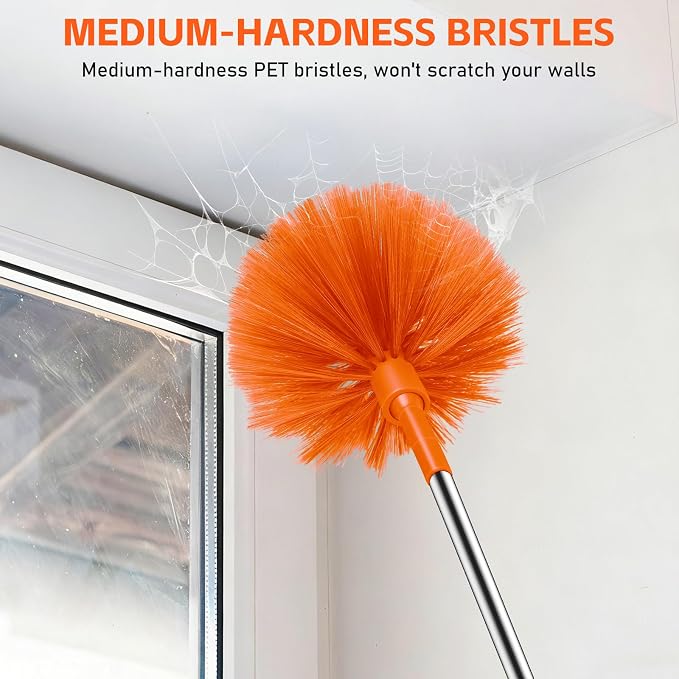 SetSail Cobweb Duster with Extension Pole, Retractable Dusters for Cobweb Cleaning 90-inch Long Handle Spider Web Brush for Outdoor Indoor High Ceilings Fan, Orange
