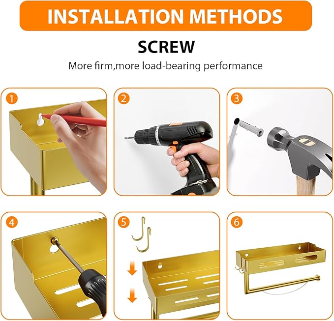 Paper Towel Holder Wall Mount for Kitchen, Paper Towel Holder with Shelf for Bathroom, RV Paper Towel Rack with 2 Hooks, Gold