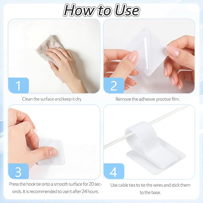 Cable Management Under Desk Detachable Cable Straps, White, 20 Pack | Heavy Duty Hook and Loop Cable Ties, Removable, Leave No Trace, Hold Up to 15 Cables, Home Office Organizer Accessories