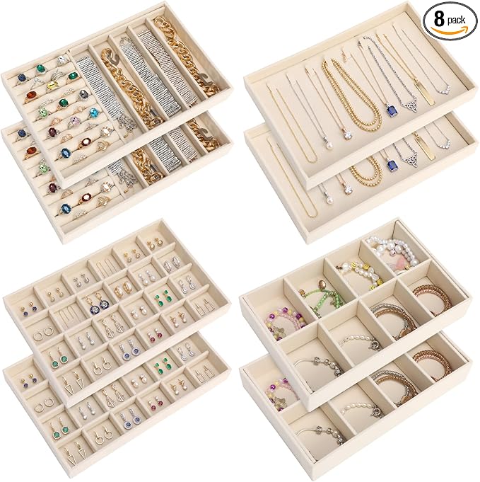 Tondiamo 8 Pcs Velvet Jewelry Drawer Organizer Trays Bulk 11.02 x 7.09 x 1.22 Inch Beige Stackable Jewelry Storage Inserts Set Tray Set with Removable Divider for Earrings Necklaces Bracelets