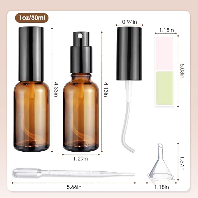Showvigor 6-Pack 1oz/30ml Amber Glass Spray Bottles for Fine Mist | with 2 Extra Nozzles, Refillable Essential Oil, Toner, Hair Care & Cleaning Solutions Bottles Set | Leak-Proof, UV Protection