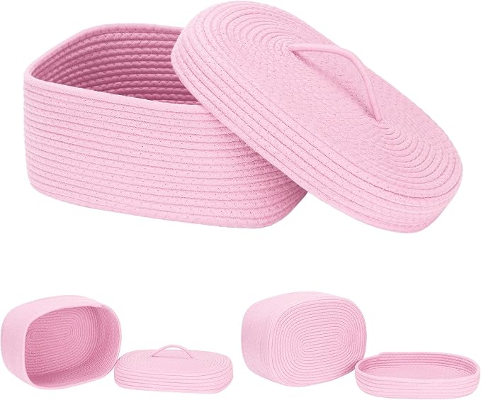 Sea Team Oval Cotton Rope Storage Basket with Lid, Lidded Woven Storage Bin, Nursery Storage Container, Diaper Caddy, Baby Shower Basket, Box, Organizer, 15 x 11 x 6.5 Inches (Medium, Pink)