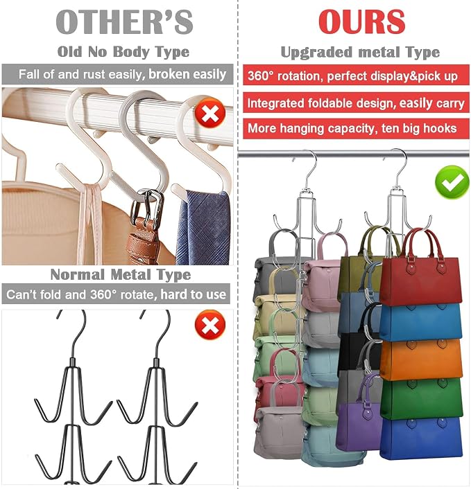 Purse Hanger for Closet, Collapsible Metal Purse Organizer with 20 Big Hooks(2 Pack), 360° Rotation for Better Organizer&Display, Foldable Bag Hangers Space Saving for Handbag, Belt, Scarve, Tie
