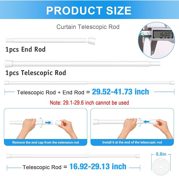 1 Pack Spring Loaded Tension Rod 17-41" Adjustable Curtain Rods No Drill Extendable Spring Rod Tension Curtain Rods For Window Kitchen Shelves Rv Refrigerator And Small Spaces,White