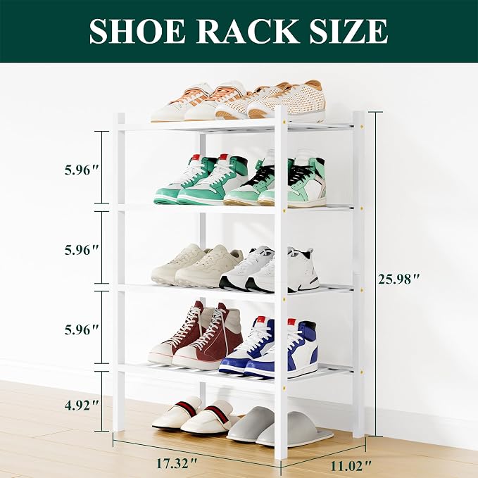 Smiry Small Bamboo Shoe Rack, 4 Tier Free Standing Wooden Shoe Organizer, Stackable Wood Shoe Storage Shelf for Closet, Entryway, 12 Vertical Slats, 2+2 Stack Standard Legs, 17.3"x11"x26", White