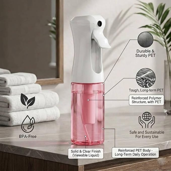 VIGOR PATH Continuous Mist Pink Spray Bottle 200ml Fine Mist for Hair | Ultra Fine Atomizer Leak Proof Ergonomic Construction 360 Refillable