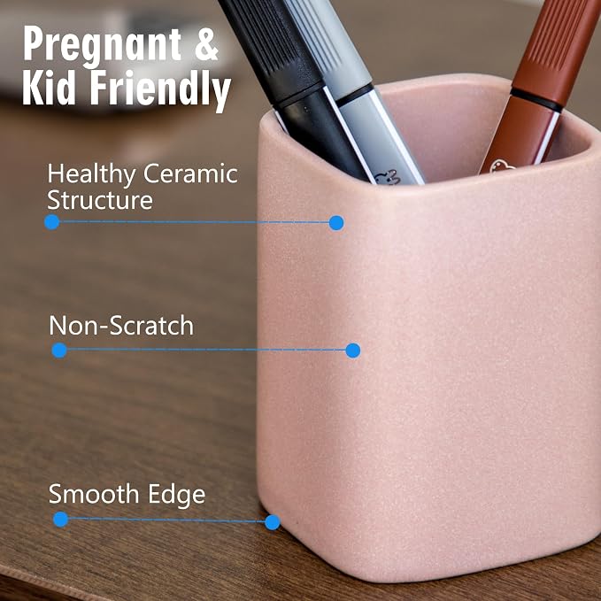 Ceramic Pen Holder Set of 2, Matte Square Pencil Cup for Desk, Heavyweight Stoneware Desk Organizer for Office Front Desk & Vanity, Modern Pen Cups Holder, Non-Slip Base - Matte pink
