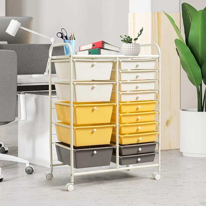 COSTWAY 15 Drawer Rolling Storage Cart, Mobile Storage Organizer | Removable Drawers & Metal Frame, Multipurpose Utility Tools Paper Organizer on Wheels for Home, Office (Yellow, Beige & Grey)