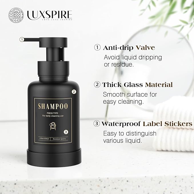 Luxspire Foaming Soap Dispenser, Glass Foam Pump Soap Dispenser, Non-Slip Hand Soap Bottle with 5 Waterproof Labels, 15 Oz Refillable Liquid Soap Bottle for Bathroom & Kitchen, Black+White, 2 Pack