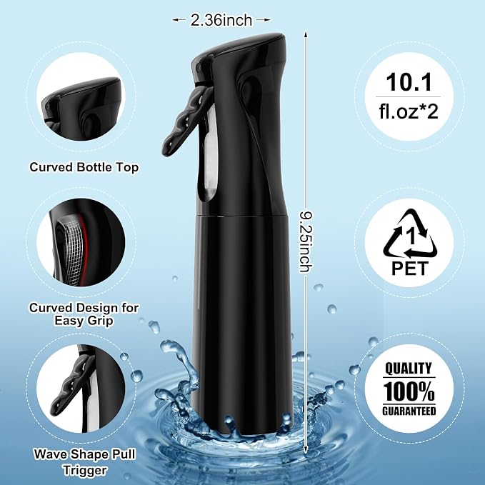 IMPORX Continuous Spray Bottle for Hair 2 Pack (10.1oz/300ml) Black | Empty Plastic Ultra Fine Mist Misting Water Mister Spray Bottles for Cleaning Hairstyling Barber Curly Hair Garden Plants