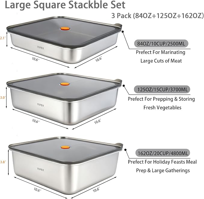 YUPER Stainless Steel Food Storage Containers, Large Meal Prep Container Sets with Lids, BPA Free, Leak Proof & Airtight, Microwave, Dishwasher, Fridge, Freezer & Oven Safe, 3 Pack (84+125+162OZ)