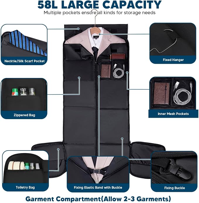 Vessgra Convertible Garment Bags for Travel, 4 in 1 Duffle Bag for Travel 58L Capacity Carry on Garment Bag with Shoes Compartment Travel Garment Bag with Shoulder Straps Suit Bag for Men Women,Black