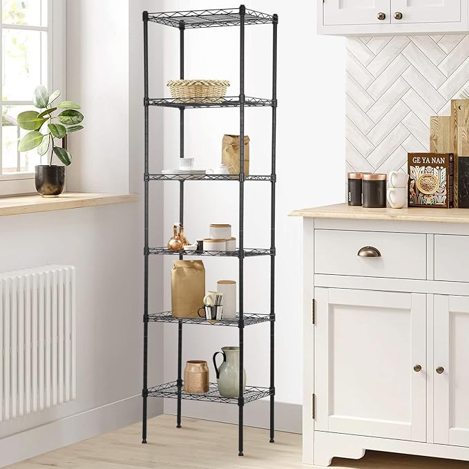 6-Shelf Wire Shelving Unit Adjustable Metal Shelving 600Lb Capacity Storage Shelves for Closet Kitchen Wire Rack Shelf Organizer for Small Space, 16.7D x 11.8W x 63H, Black