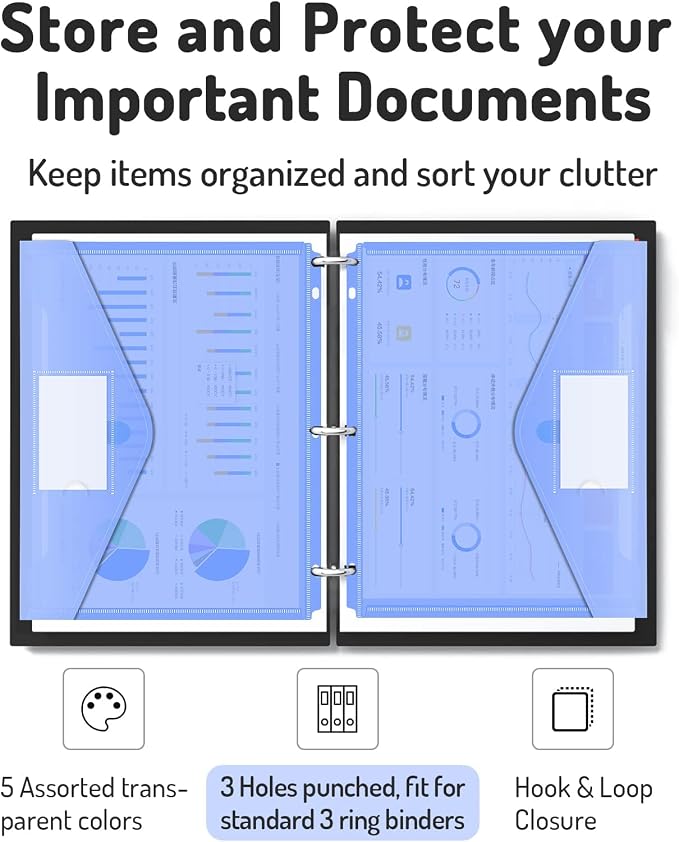 Forvencer Binder Pocket, 5 Pack Super Heavyweight Poly Binder Pocket with Tight Closure, Binder Folders Side Loading, 3 Ring, Binder Dividers with Pockets, Letter Size, Assorted Colors