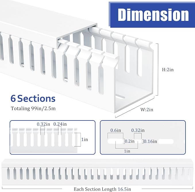 2" H x 2" W Cable Raceway, 99in Under Desk Wire Management Channel, White | Slotted Wire Duct, 6Pack, 16.5in Each, Heavy-Duty PVC Cable Management for Server Racks, Network Cables & Electrical Cabinets