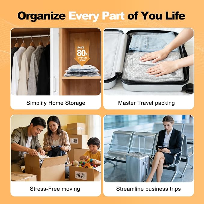Travel Vacuum Bags with Electric Pump, Cordless Space Saver Storage Seal, Luggage Compression Packing Cubes for Clothing (12 Combo Set)