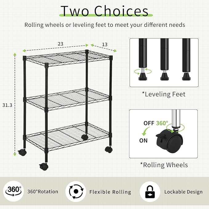 Wire Shelving 32" H x 23W x 13D Storage Shelf with Wheels Adjustable 3 Tier Metal Shelves Unit for Small Places Kitchen Storage Rack Shelf Organizer, 450Lbs Capacity, Black