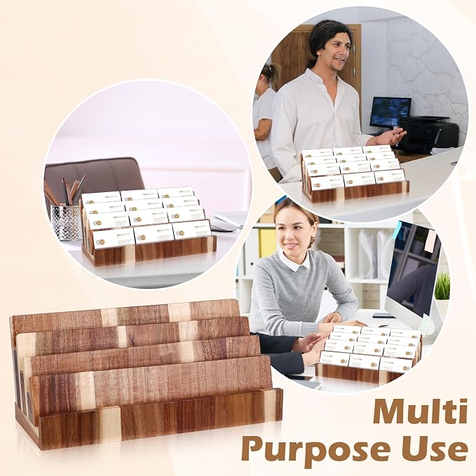 DLUGOPIS 4 Tier Acacia Wood Business Card Holder Desktop Display Stand Multiple Wood Business Card Organizer Rack Gift Card Pamphlet Display for Exhibition Home Office