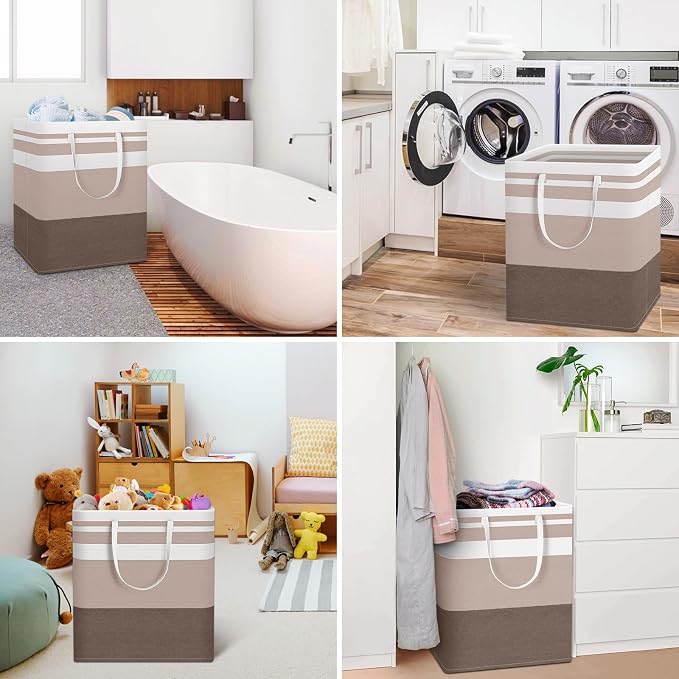 HomeHacks 2-Pack Large Laundry Basket, Waterproof, Freestanding Laundry Hamper, Collapsible Tall Clothes Hamper with Extended Handles for Clothes Toys in the Dorm and Family (Brown, 100L)