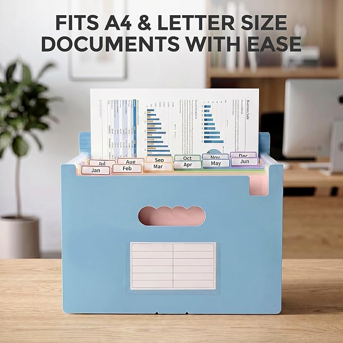SKYDUE Expanding File Folder with 13 Pockets, Accordion Document Organizer with Monthly Labels, A4 & Letter Size for Tax Records, Medical Files, Receipts, Home of Haze Blue