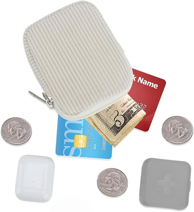 E-Tree Coin Purse with Carabiner Clip, Dual Layer Card Case Holder, Mini Pouch for AirPod Earphone Keychain USB Cable,Wallet, Small Accessories Organizer Bag for Women and Men (White Corduroy)