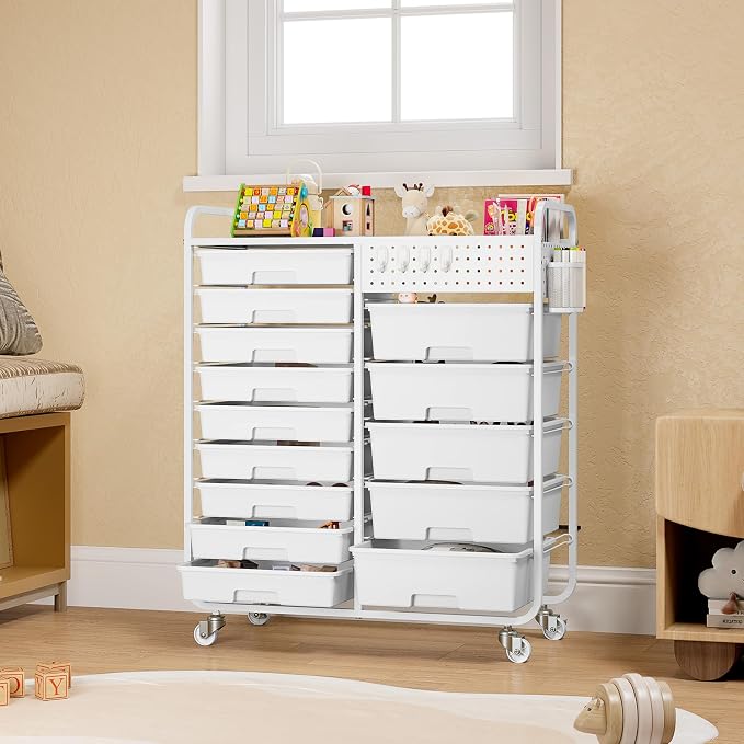 Rolling Storage Cart with 14 Drawers, Storage Organizer Cart with Tabletop and Pegboard,Utility Cart for Living Room, Classroom, Bedroom,Bathroom,Dorm,Office (White)
