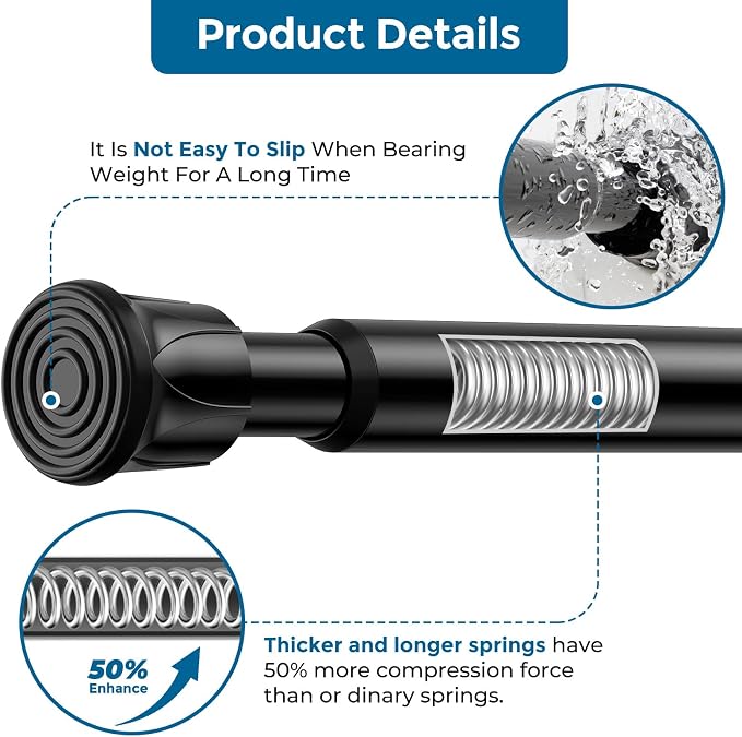AIZESI Spring Tension Curtain Rods Short Tension Rod (Black,28" to 48"-1Pcs)