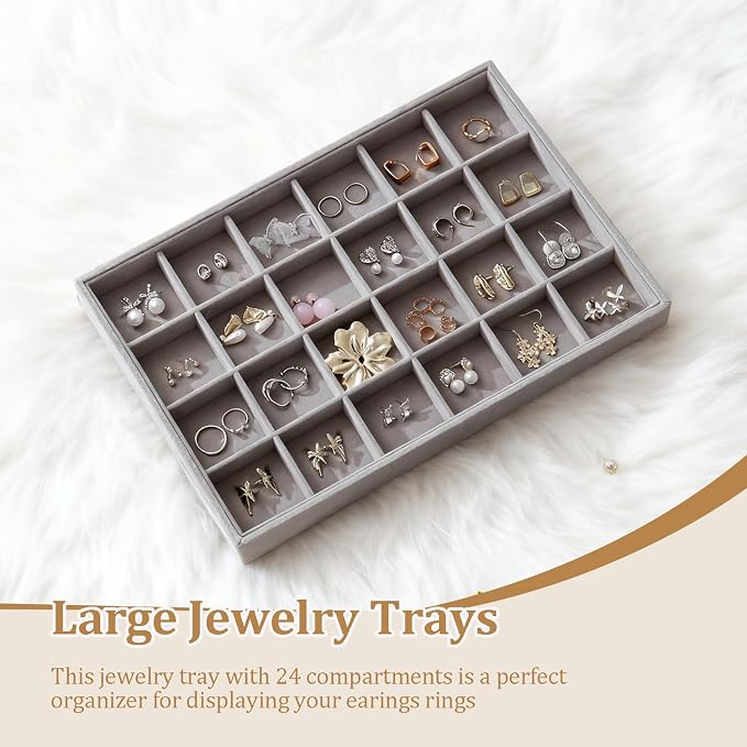 Large Jewelry Organizer for Drawer Insert Velvet Stackable Jewelry Trays for Earring Necklace Bracelet Ring Display (Gray, 24 Grids)
