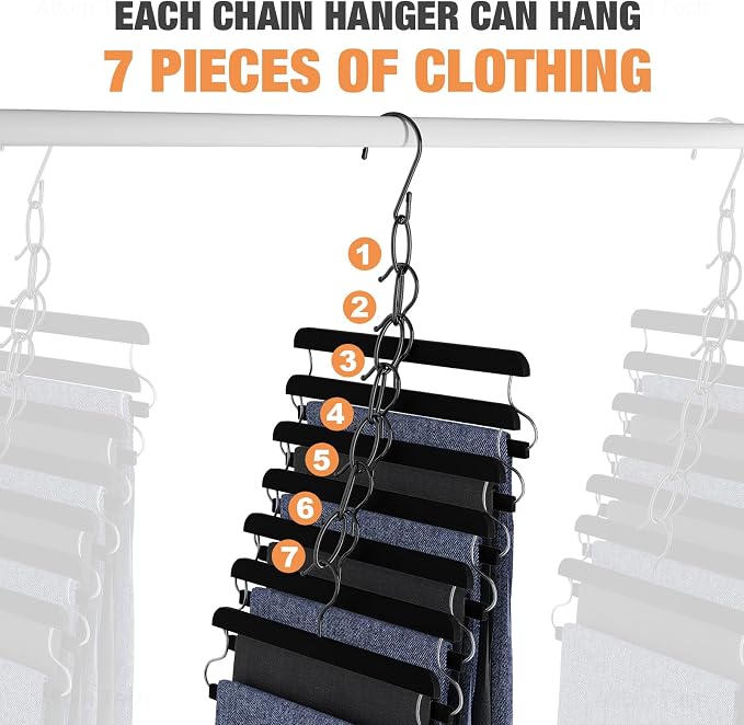 NiHome Clothing Chain Hangers 10-Pack, Space Saving Metal Closet Organizer | Portable 7-Loop, Safety Cap, Collapsible & Wrinkle-Free For Travel, Dorm, RV, Black