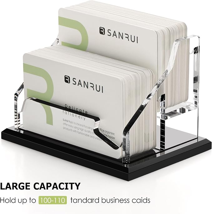 SANRUI Acrylic Business Card Holder, Black Business Cards Display Stand for Desk, Clear Horizontal 2 Slot Desktop Organizer , 120 Card Capacity