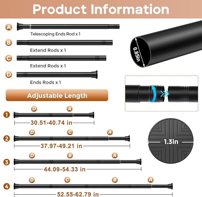 2 Pack Spring Tension Curtain Rods 31-62 Inches, Spring Loaded Curtain Rods No Drilling, Adjustable Expandable Tension Rod for Window Doorway Kitchen Curtain Bedroom Closet, Black