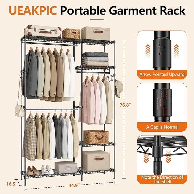 Heavy Duty Clothes Rack, Portable Clothing Garment Rack for Hanging Clothes, Adjustable Storage Closet with Wire Shelves and Hanging Rods, Freestanding Closet Organizer, Max Load 700Lbs, Black