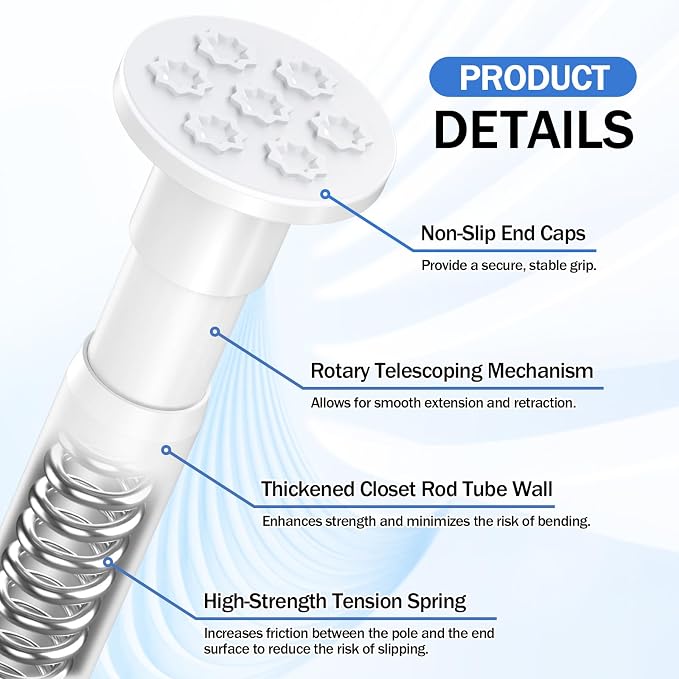 No Drilling Closet Rod, Adjustable White Closet Rod, 28-98 Inches Heavy-Duty Closet Tension Rods for Hanging Clothes for Wardrobes, Closet, Laundry & Bathroom (White)