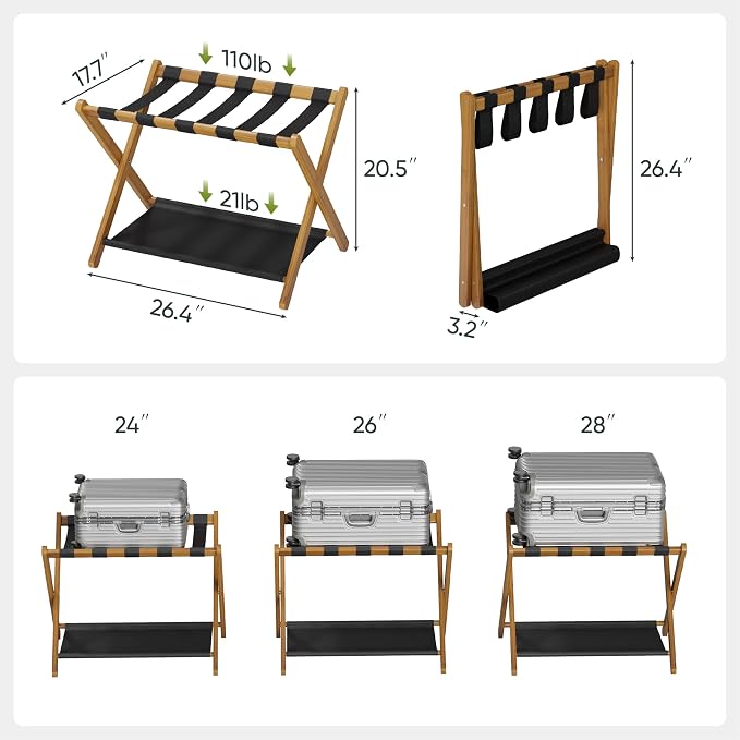 Smart FENDEE 2 Pack Luggage Rack, Folding Luggage Rack for Guest Room, Walnut Bamboo Suitcase Stand Holds up to 131 lb, Luggage Stand with Storage Shelf for Hotel, Bedroom