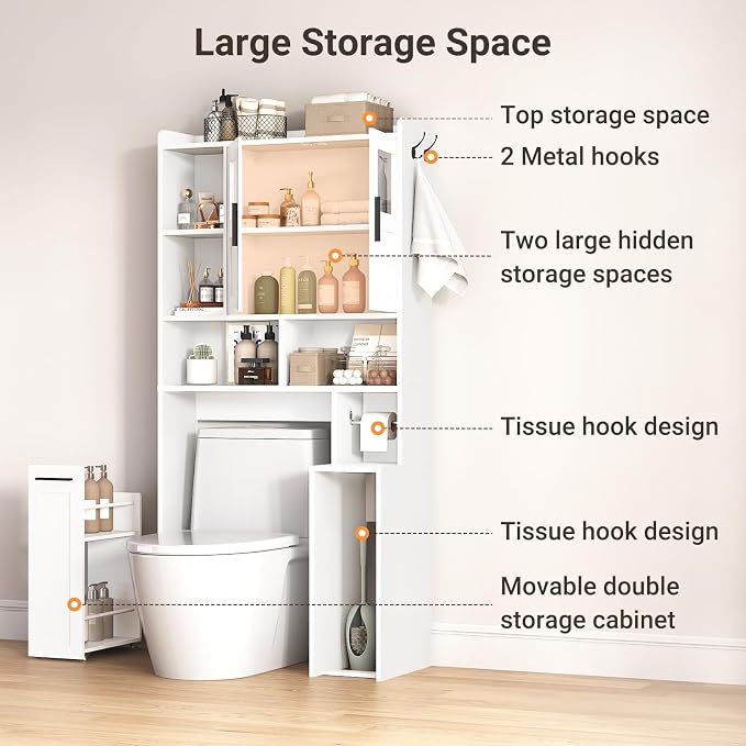 ELYKEN Over The Toilet Storage Cabinet with Pulley Bathroom Storage Cabinet, Home Space-Saving Over Toilet Rack with Glass Doors & Open Adjustable Shelf for Bathroom, Restroom, Laundry, White