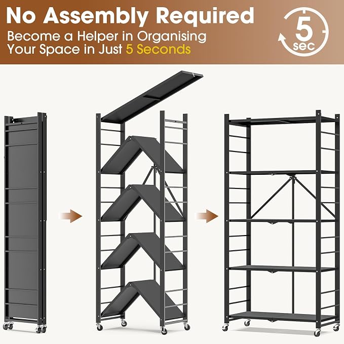 Fenbeli Foldable Shelves with Wheels - 5 Tier Folding Shelf, Collapsible No Assembly Metal Shelving Unit, Origami Storage Shelves & Rolling Storage Rack with 8 Hooks for Kitchen Pantry Garage