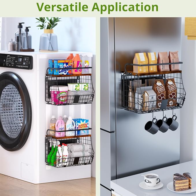 Magnetic Shelf for Fridge with Wood Top & Produce Basket – 2-in-1 Magnetic Spice Rack for Refrigerator – Space-Saving Kitchen Organizer for Fruits, Potatoes, and Onions (with Hooks)
