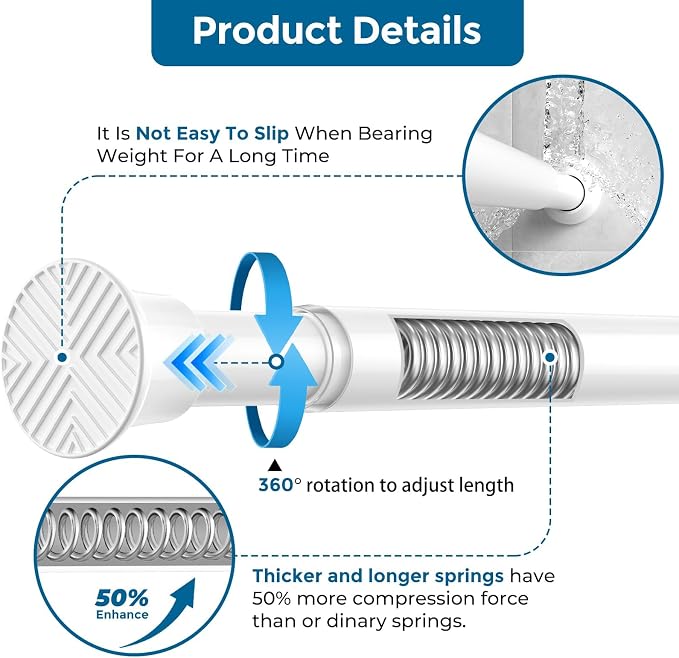 AIZESI 2Pack Tension Curtain Rod 31-62 Inch Adjustable Spring Loaded Curtain Rods No Drilling Tension Rods for Window Doorway Kitchen Curtain Closet,7/8" Diameter, White