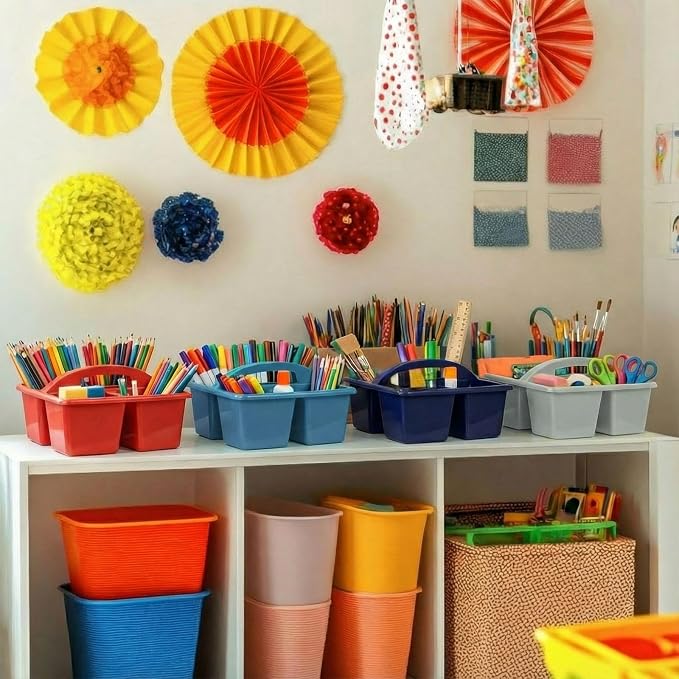 Kathfly 12 Pack Classroom Caddy Organizer with Handle, Plastic Art Craft Cleaning Caddy Bulk, Small Multipurpose Supply Organization Storage Basket for Table Desk Office Pencil Teacher (Deep Color)