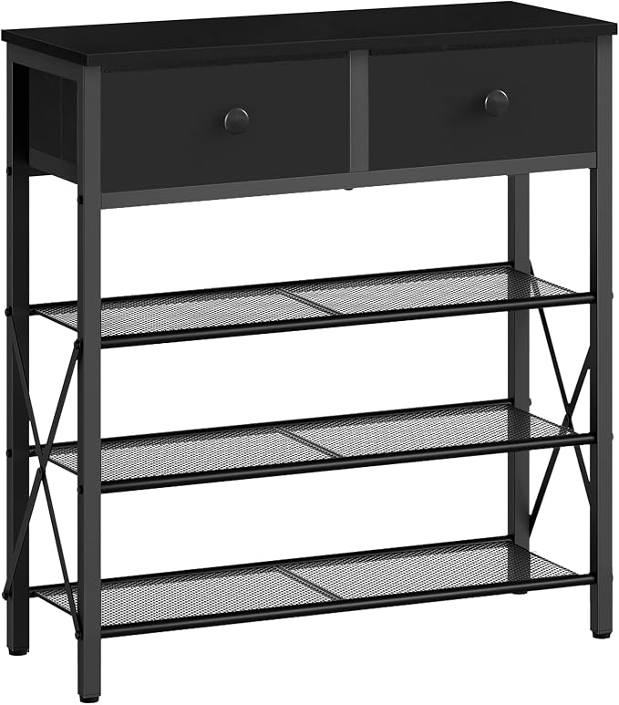 YATINEY 4 Tier Shoe Rack, Large Capacity Shoe Storage Organizer, Metal Shoe Shelf with Drawer and Wooden Top, for 16 Pairs of Shoes, for Entryway, Closet, Black SS24BB
