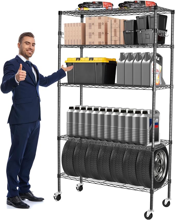BolDuck 5 Tier Storage Shelves with Wheels, 1750lbs Capacity Heavy Duty Shelving Units, 14x36x75inch Adjustable Metal Shelf Wire Shelving Rack for Garage, Kitchen, Office, Black