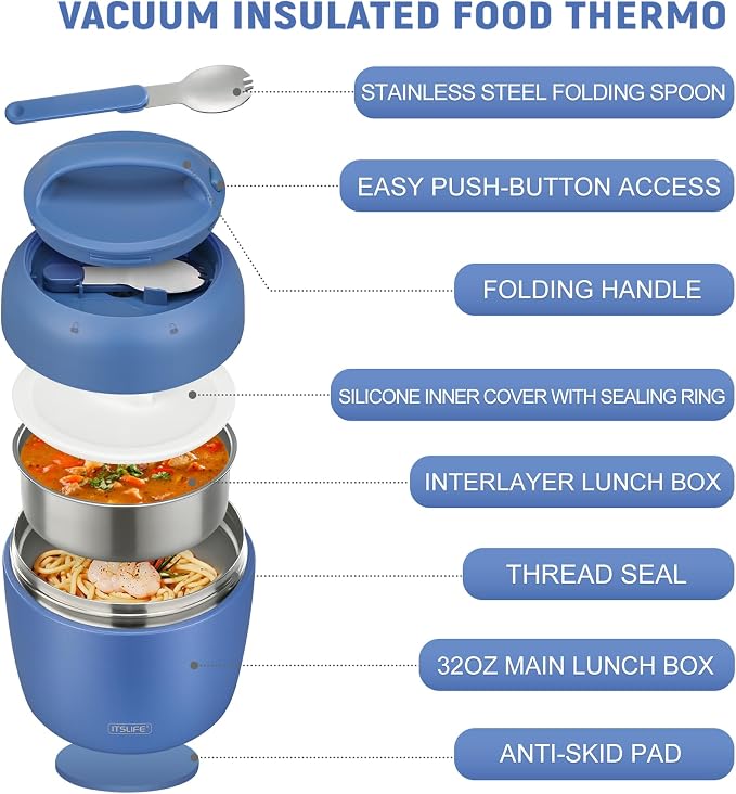 Thermo Food Jar for Hot Food Adults 32OZ Soup Thermo Lunch Containers Wide Mouth Vacuum Insulated Stainless Steel Leakproof Bento Box with Spoon (New) (NEW-BLUE)