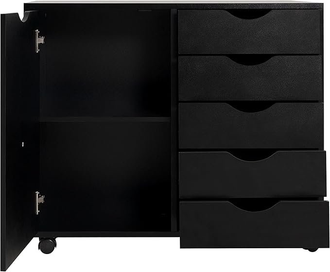 Naomi Home Wooden 5 Drawer Office File Cabinet with Shelves and Wheels, Mobile Storage Cabinet with Drawers for Home Office, Ideal for Under Desk or Printer Stand Use in Black