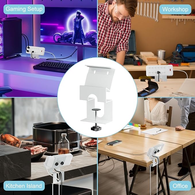 Power Strip Holder (4 Pack), No-Drill Clamp Mount for Power Strip, Under Desk Power Strip Holder, Fits 2"-4" Surge Protectors, for Desk Edge 0.2-2.56" (White)