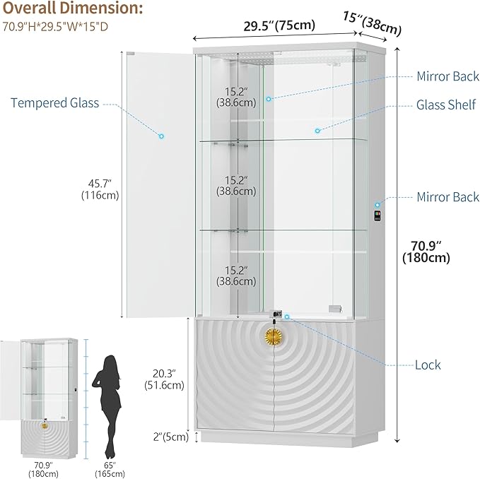 Lvifur 71'' Display Cabinet with Glass Doors,4-Tier Curio Cabinet with 3-Color Lights for Collectibles,Lockable Glass Display Case Human Body Sensor,Tall Bookcase w/Shelves&Drawers,White