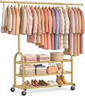EAGMAK Heavy Duty Clothes Rack for Hanging Clothes Load 688 LBS, Height Adjustable Rolling Clothing Racks, Portable Metal Coat Rack Garment Wardrobe with Wheels and 3 Shelves for Bedroom, Gold