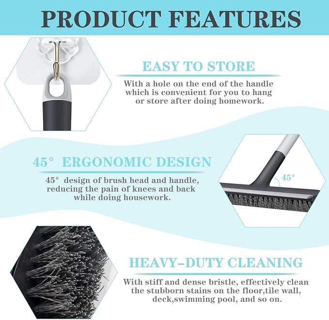 AONEZ Floor Scrub Brush with Long Handle - Adjustable Handle 2 in 1 Scrape and Heavy-Duty Stiff Bristle Floor Scrubber Brush for Cleaning Bathroom, Kitchen Patio Tile Garage and Deck