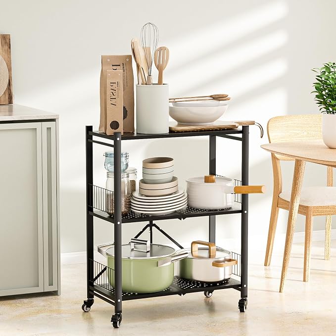 Folding Storage Shelves No Assembly, 3 Tier Metal Foldable Shelves with Wheels, Collapsible Rolling Storage Rack for Laundry Room Garage Small Spaces, Black
