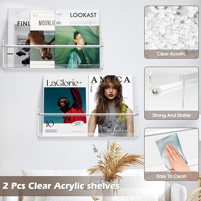 2 Pack Acrylic Magazine Holder,17 Inch Clear Wall Book Shelves | With Mounting Kit,easy installation,for school display areas,kids rooms,residential living spaces,commercial office decor
